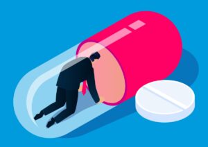 man inside a pill illustration 